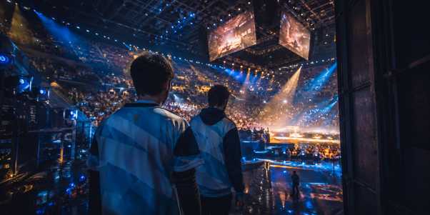 Jugadores de deportes electrónicos entrando a una arena llena antes de competir