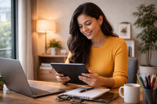 Mujer sentada en su escritorio mirando una tablet