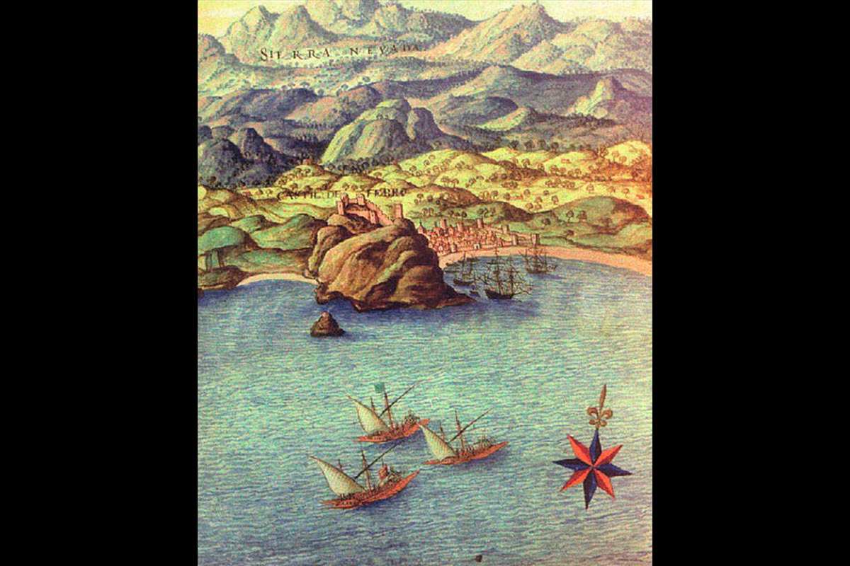 Grabado que muestra la ubicación original del castillo de Castell de Ferro sobre un islote